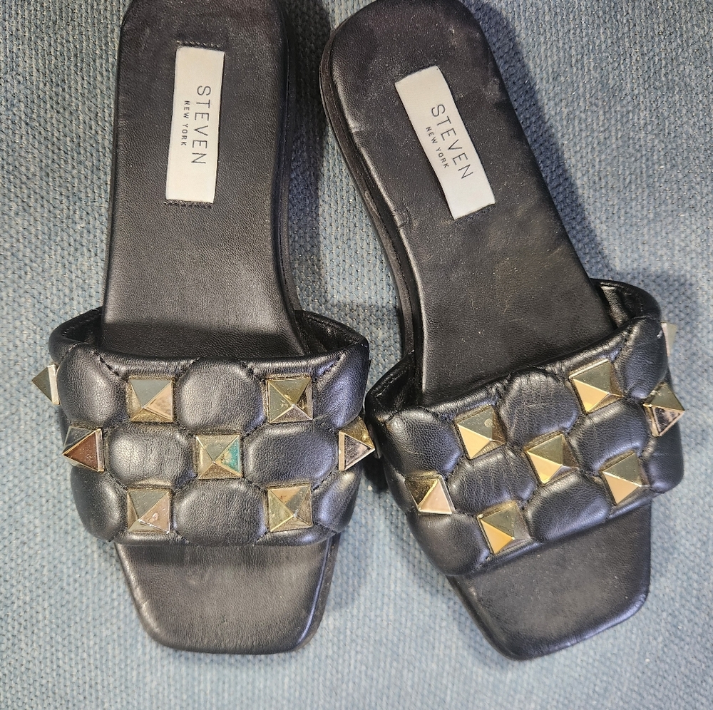Steve Madden Black Quilted Slide Sandals with Gold Studs